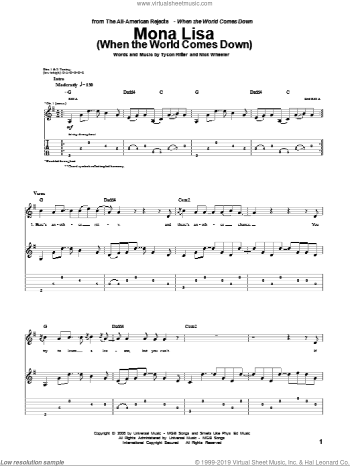 Mona Lisa (When The World Comes Down) sheet music for guitar (tablature) by The All-American Rejects, Nick Wheeler and Tyson Ritter, intermediate skill level