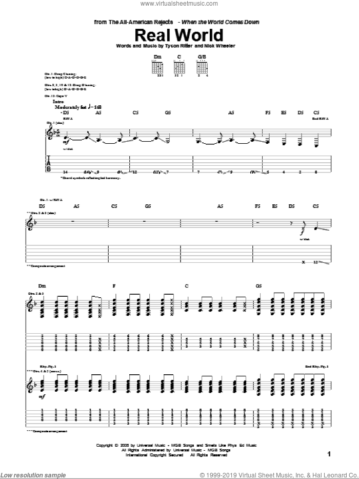Real World sheet music for guitar (tablature) by The All-American Rejects, Nick Wheeler and Tyson Ritter, intermediate skill level