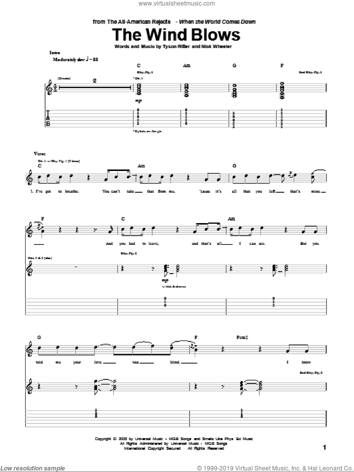 The Wind Blows sheet music for guitar (tablature) by The All-American Rejects, Nick Wheeler and Tyson Ritter, intermediate skill level