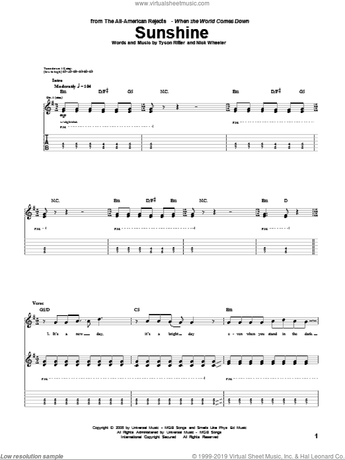 Sunshine sheet music for guitar (tablature) by The All-American Rejects, Nick Wheeler and Tyson Ritter, intermediate skill level
