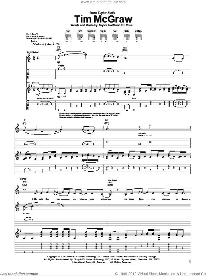 Tim McGraw sheet music for guitar (tablature) by Taylor Swift and Liz Rose, intermediate skill level