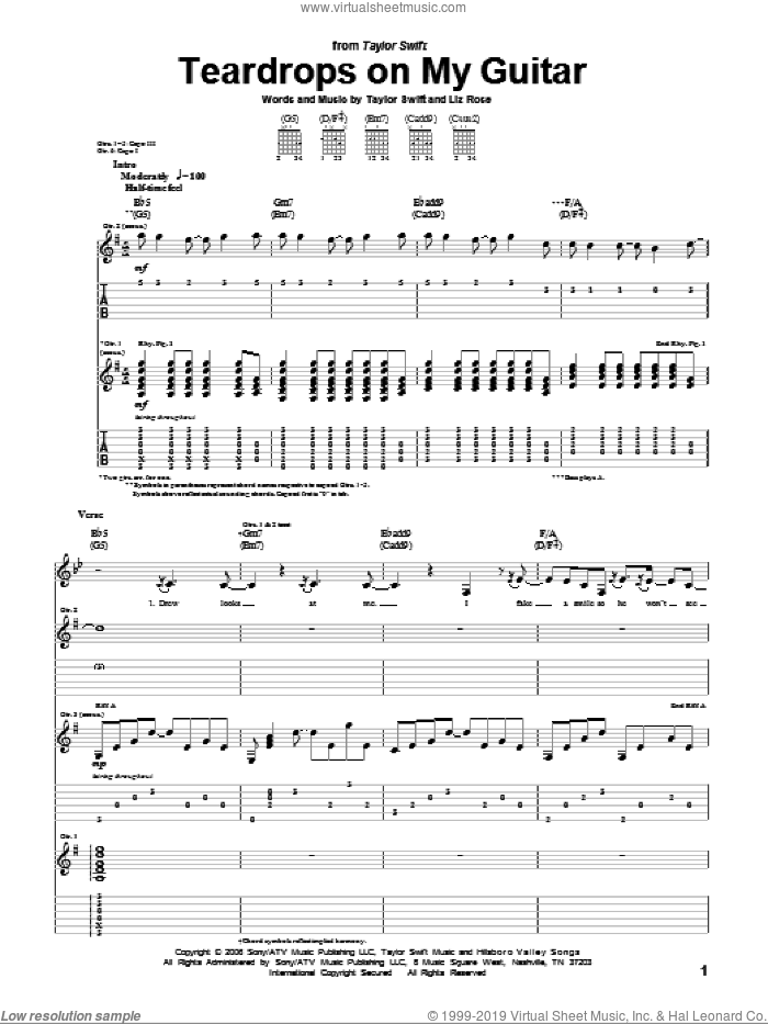 Teardrops On My Guitar sheet music for guitar (tablature) by Taylor Swift and Liz Rose, intermediate skill level