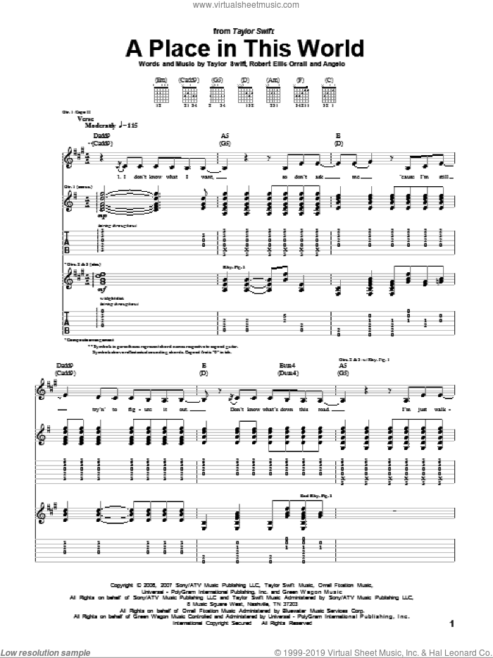 A Place In This World sheet music for guitar (tablature) by Taylor Swift, Patty Griffin and Robert Ellis Orrall, intermediate skill level