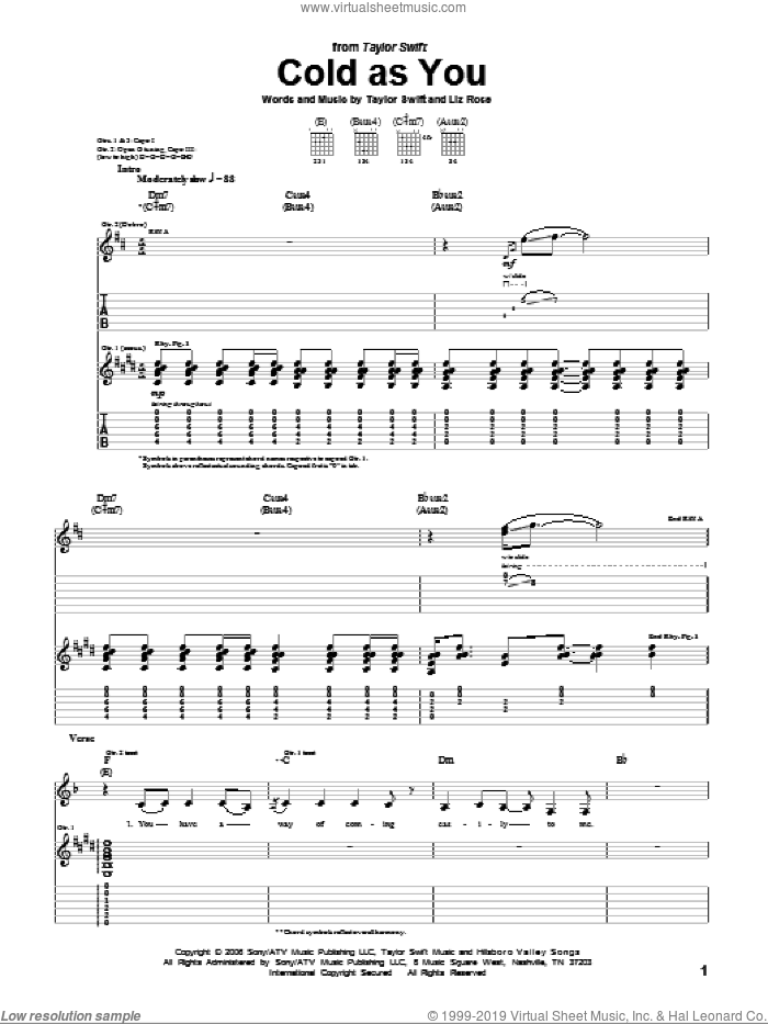 Cold As You sheet music for guitar (tablature) by Taylor Swift and Liz Rose, intermediate skill level