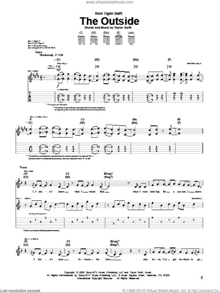 The Outside sheet music for guitar (tablature) by Taylor Swift, intermediate skill level