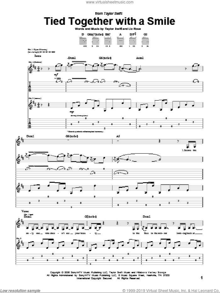 Tied Together With A Smile sheet music for guitar (tablature) by Taylor Swift and Liz Rose, intermediate skill level