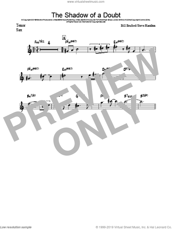 The Shadow Of A Doubt sheet music for tenor saxophone solo by Bill Bruford and Steve Hamilton, intermediate skill level