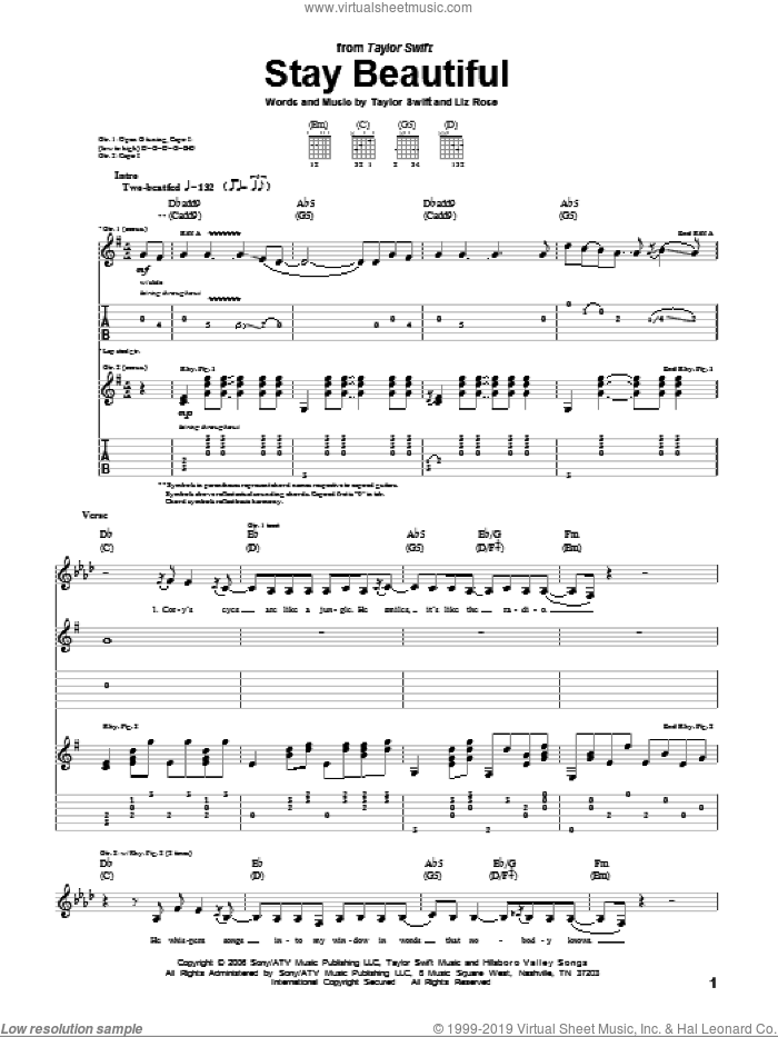Stay Beautiful sheet music for guitar (tablature) by Taylor Swift and Liz Rose, intermediate skill level