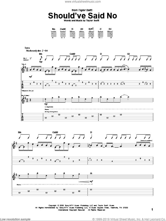 Should've Said No sheet music for guitar (tablature) by Taylor Swift and Jonas Brothers, intermediate skill level