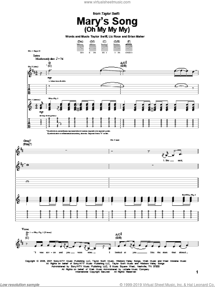 Mary's Song (Oh My My My) sheet music for guitar (tablature) by Taylor Swift, Brian Maher and Liz Rose, intermediate skill level