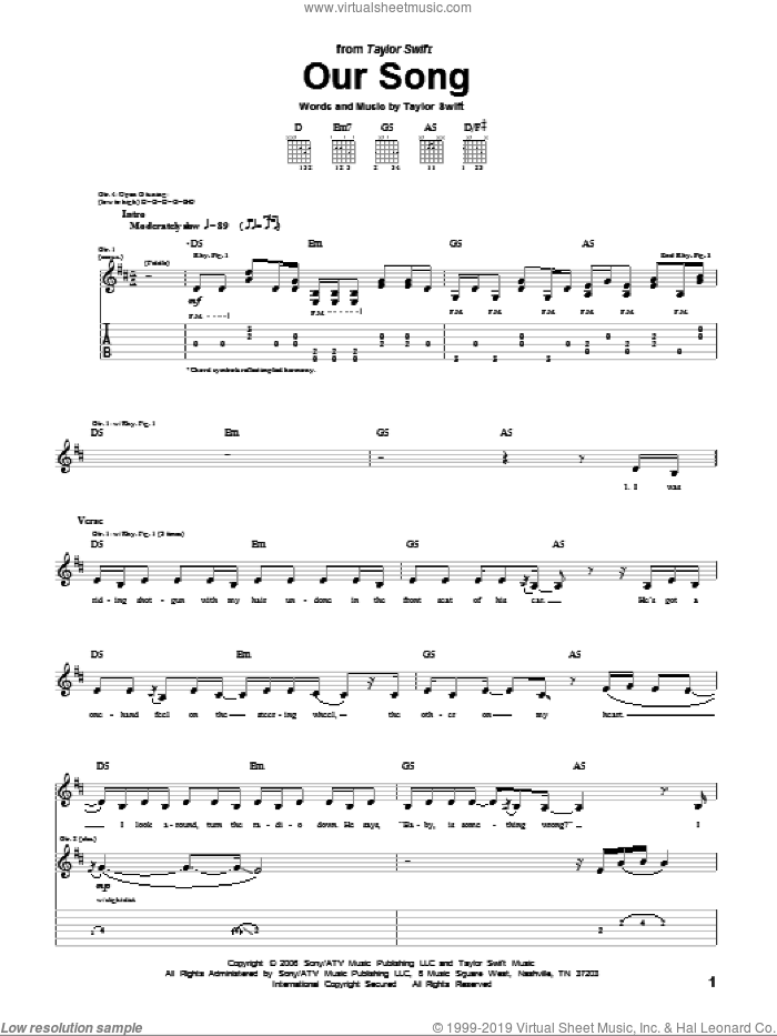 Our Song sheet music for guitar (tablature) by Taylor Swift, intermediate skill level