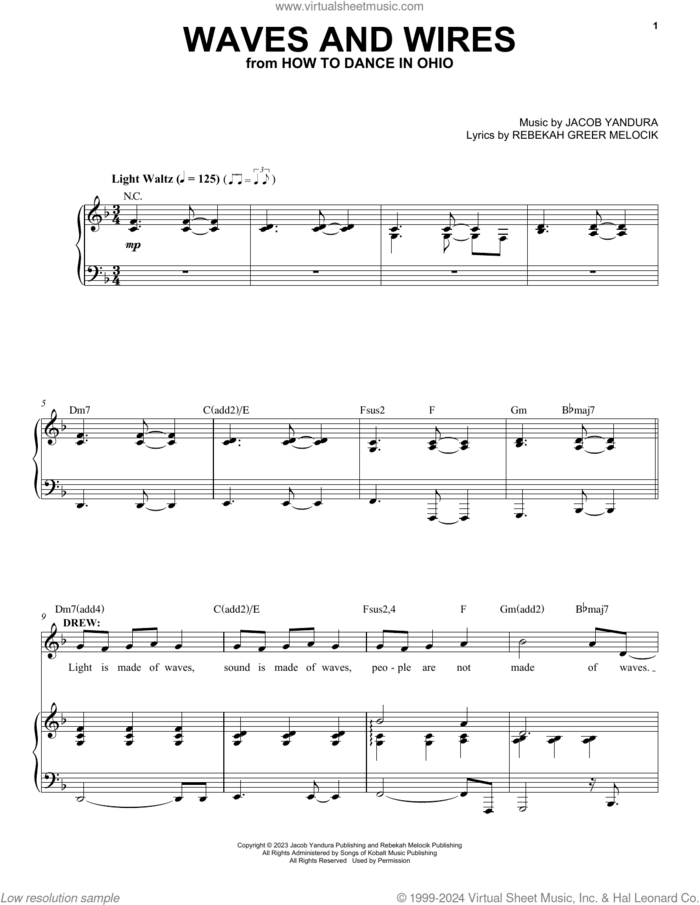 Waves And Wires (from How To Dance In Ohio) sheet music for voice and piano by Jacob Yandura & Rebekah Greer Melocik, Jacob Yandura and Rebekah Greer Melocik, intermediate skill level