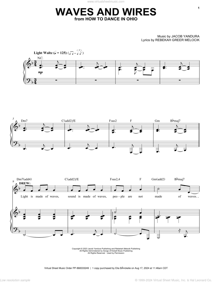 Waves And Wires (from How To Dance In Ohio) sheet music for voice and piano by Jacob Yandura & Rebekah Greer Melocik, Jacob Yandura and Rebekah Greer Melocik, intermediate skill level