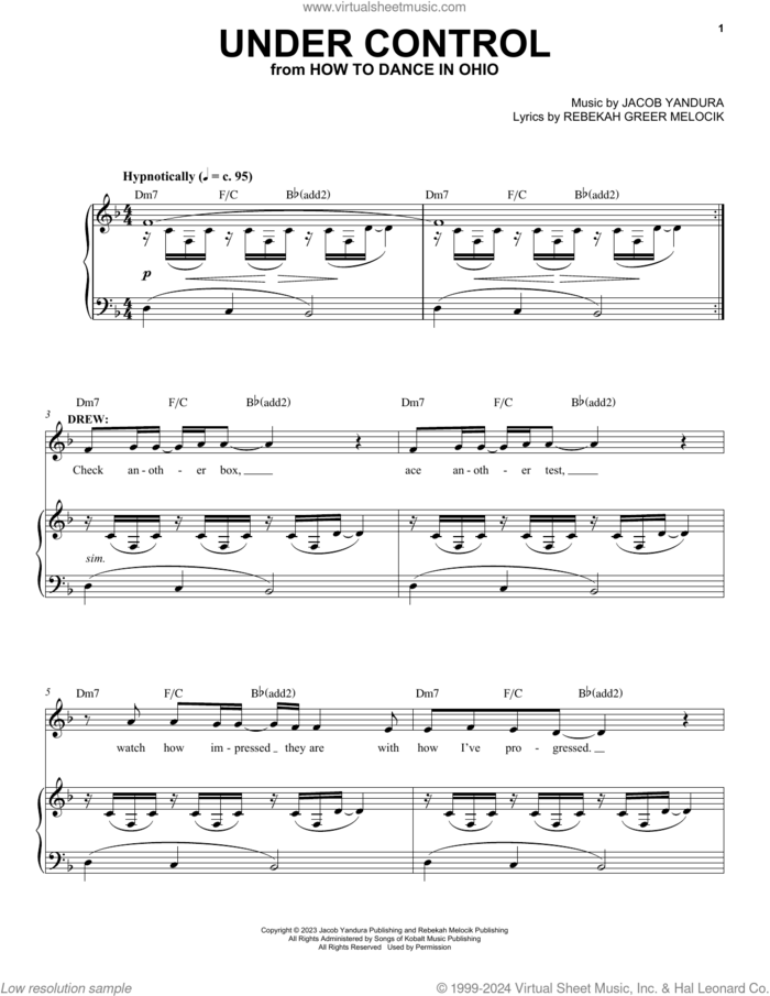 Under Control (from How To Dance In Ohio) sheet music for voice and piano by Jacob Yandura & Rebekah Greer Melocik, Jacob Yandura and Rebekah Greer Melocik, intermediate skill level
