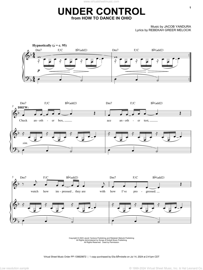 Under Control (from How To Dance In Ohio) sheet music for voice and piano by Jacob Yandura, Jacob Yandura & Rebekah Greer Melocik and Rebekah Greer Melocik, intermediate skill level