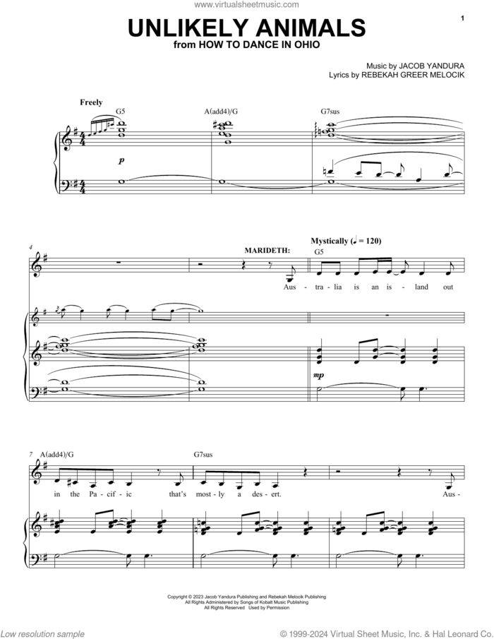 Unlikely Animals (from How To Dance In Ohio) sheet music for voice and piano by Jacob Yandura & Rebekah Greer Melocik, Jacob Yandura and Rebekah Greer Melocik, intermediate skill level