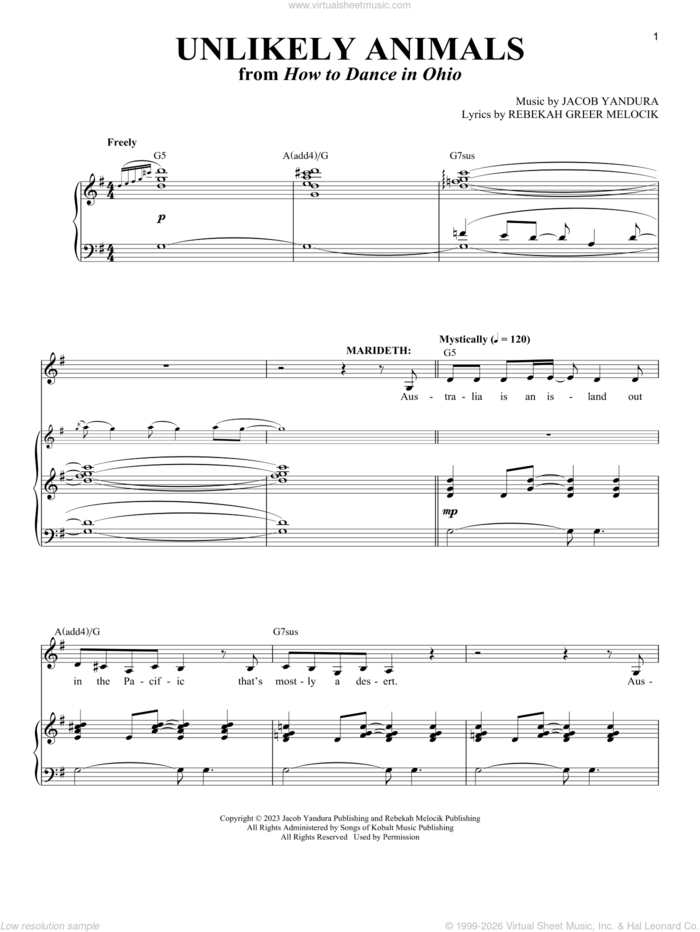 Unlikely Animals (from How To Dance In Ohio) sheet music for voice and piano by Jacob Yandura, Jacob Yandura & Rebekah Greer Melocik and Rebekah Greer Melocik, intermediate skill level