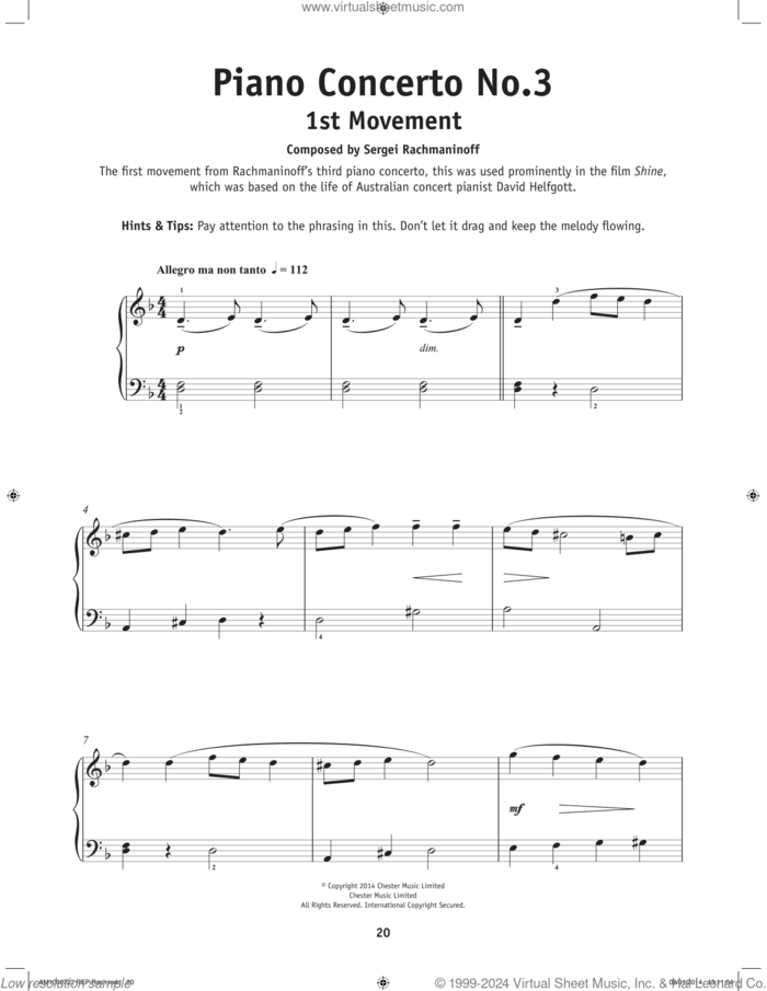 Piano Concerto No. 3, First Movement sheet music for piano solo by Serjeij Rachmaninoff, classical score, beginner skill level