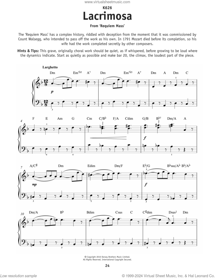 Lacrymosa, (beginner) sheet music for piano solo by Wolfgang Amadeus Mozart, classical score, beginner skill level