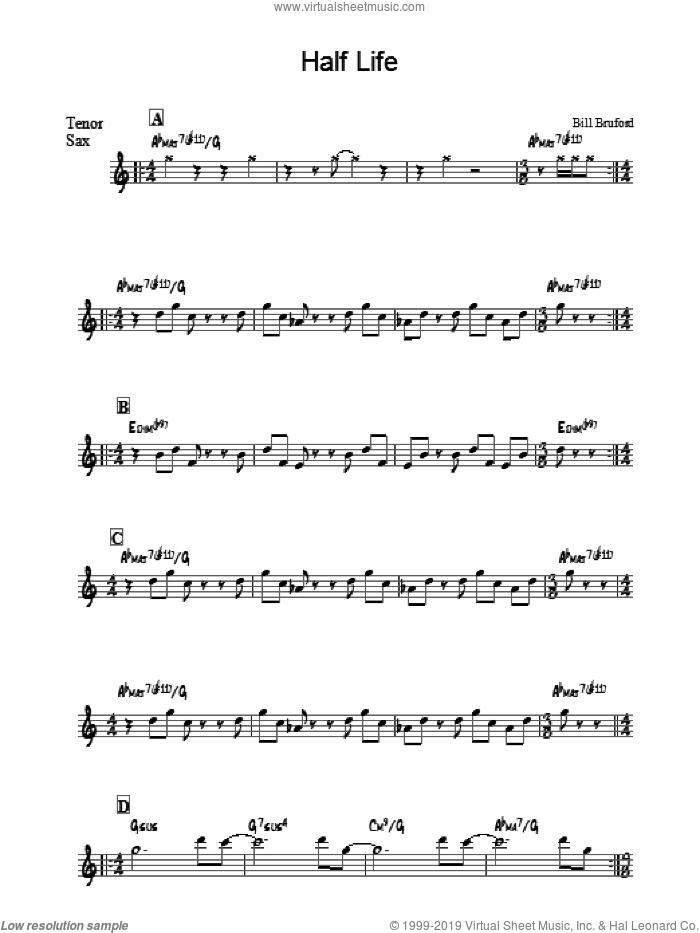 Half Life sheet music for tenor saxophone solo by Bill Bruford, intermediate skill level
