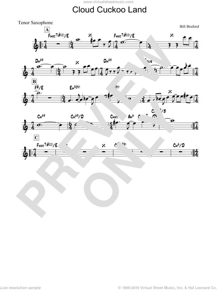 Cloud Cuckoo Land sheet music for tenor saxophone solo by Bill Bruford, intermediate skill level