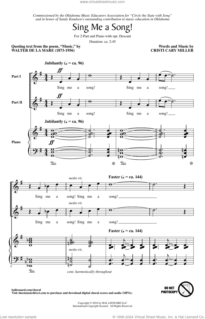 Sing Me A Song! sheet music for choir (2-Part) by Cristi Cary Miller and Walter de la Mare, intermediate duet