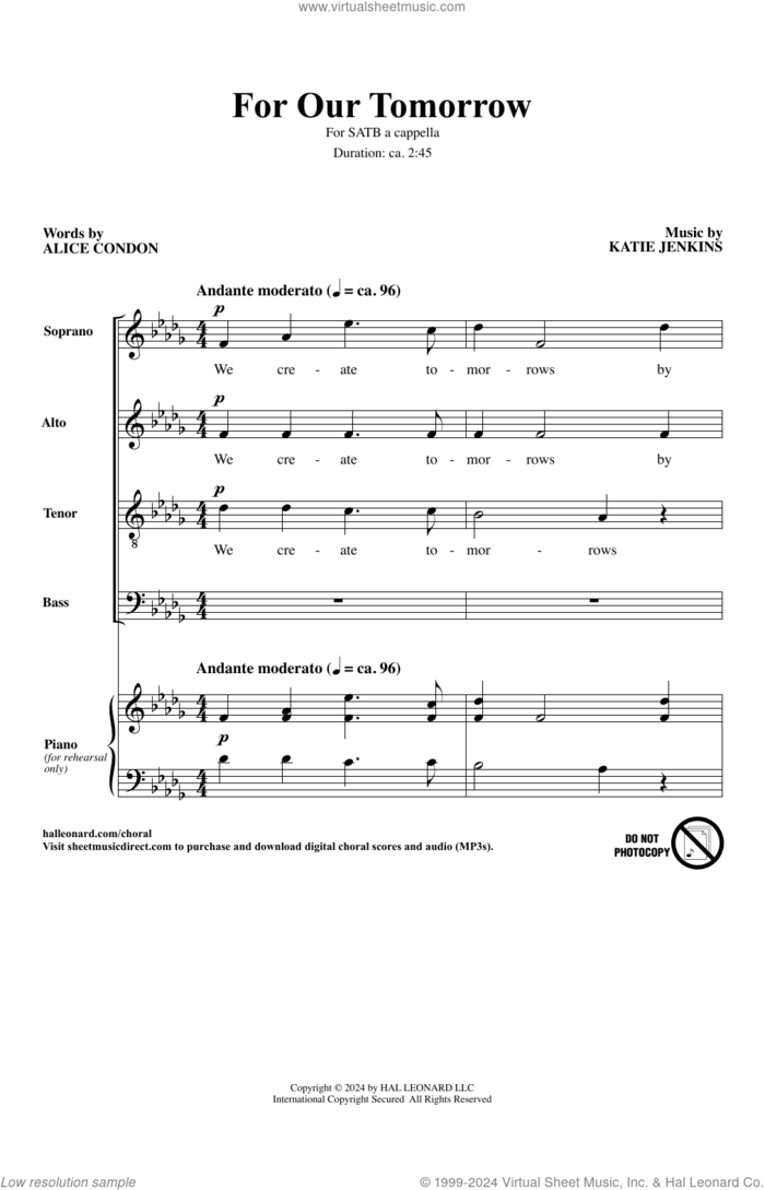 For Our Tomorrow sheet music for choir (SATB: soprano, alto, tenor, bass) by Katie Jenkins, Jonathan Palant and Alice Condon, intermediate skill level