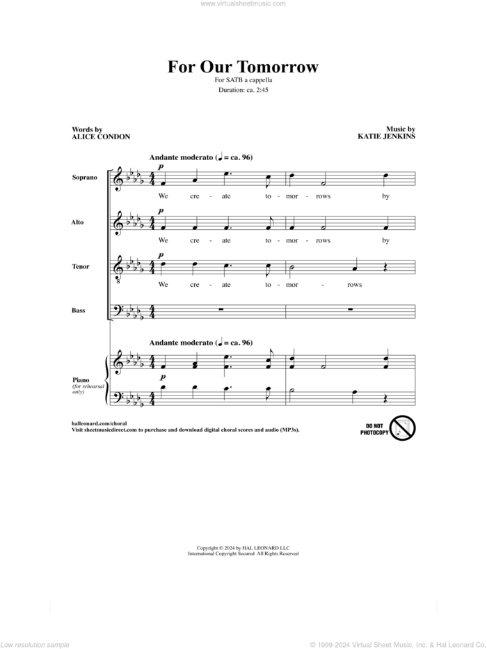 For Our Tomorrow sheet music for choir (SATB: soprano, alto, tenor, bass) by Katie Jenkins, Jonathan Palant and Alice Condon, intermediate skill level