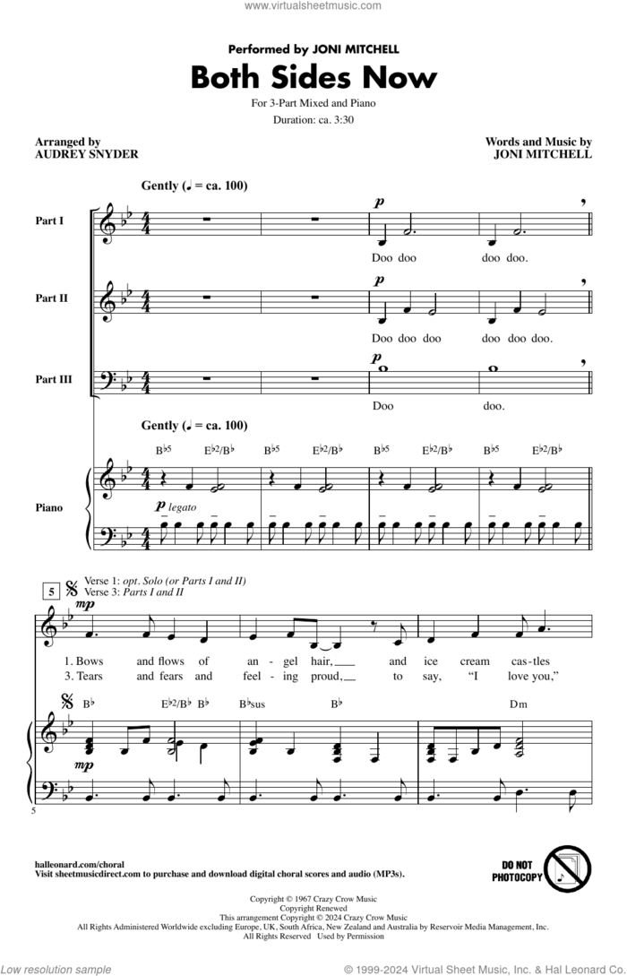 Both Sides Now (arr. Audrey Snyder) sheet music for choir (3-Part Mixed) by Joni Mitchell and Audrey Snyder, intermediate skill level