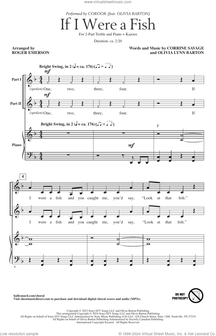 If I Were A Fish (feat. Olivia Barton) (arr. Roger Emerson) sheet music for choir (2-Part) by Corook, Roger Emerson, Corinne Savage and Olivia Barton, intermediate duet