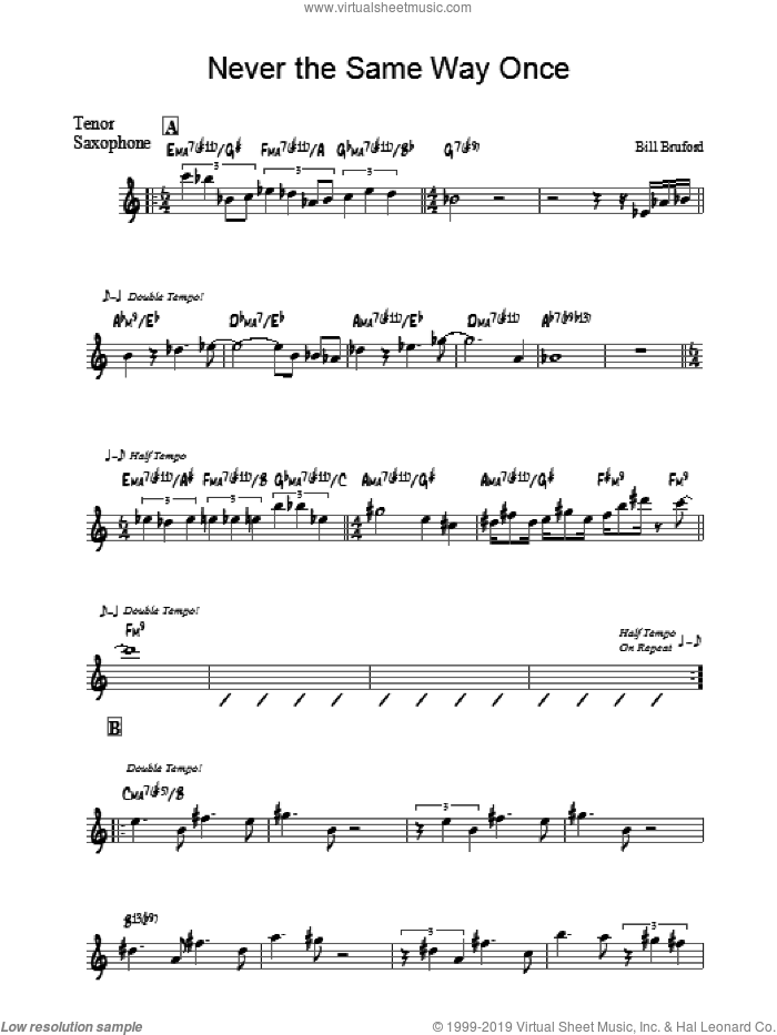 Never The Same Way Once sheet music for tenor saxophone solo by Bill Bruford, intermediate skill level