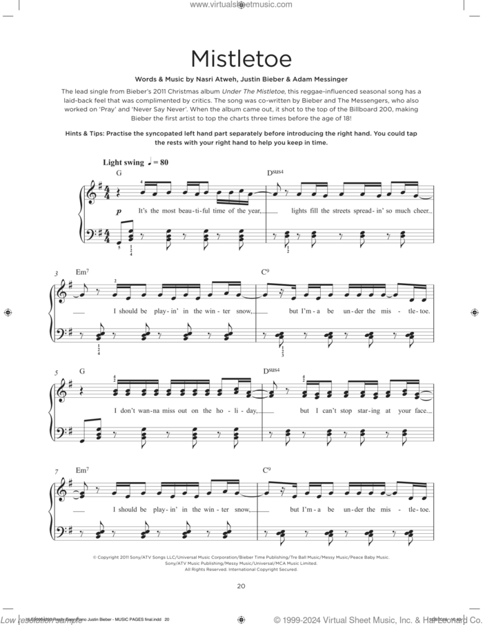 Mistletoe sheet music for piano solo by Justin Bieber, Adam Messinger and Nasri Atweh, beginner skill level