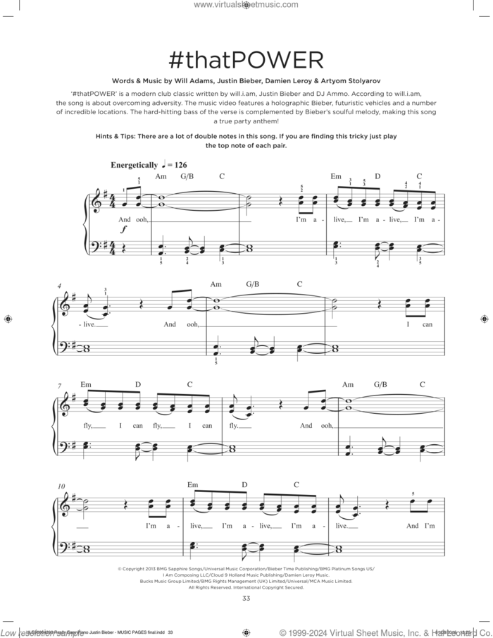 #thatPOWER sheet music for piano solo by will.i.am & Justin Bieber, Artem Stoliarov, Damien Leroy, Justin Bieber and Will Adams, beginner skill level