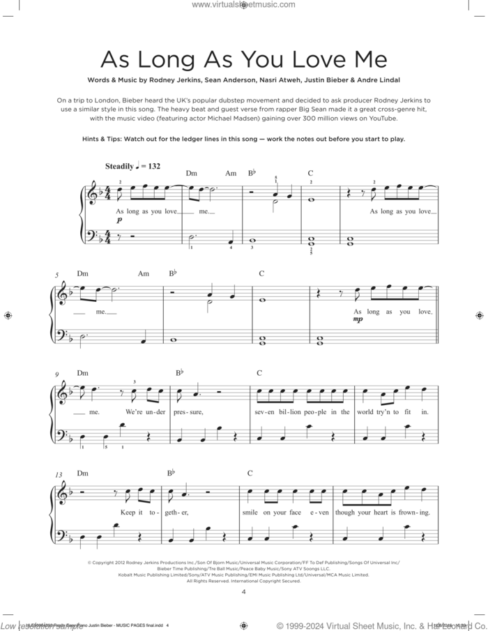 As Long As You Love Me sheet music for piano solo by Justin Bieber & Big Sean, Andre Lindal, Justin Bieber, Nasri Atweh, Rodney Jerkins and Sean Anderson, beginner skill level