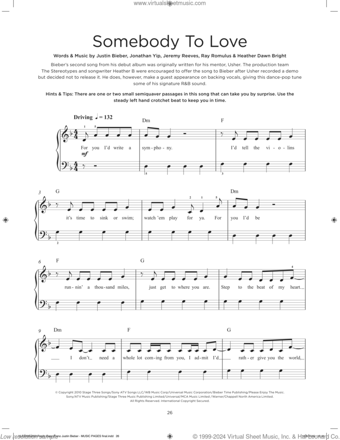 Somebody To Love sheet music for piano solo by Justin Bieber, Heather Bright, Jeremy Reeves, Jonathan Yip and Ray Romulus, beginner skill level