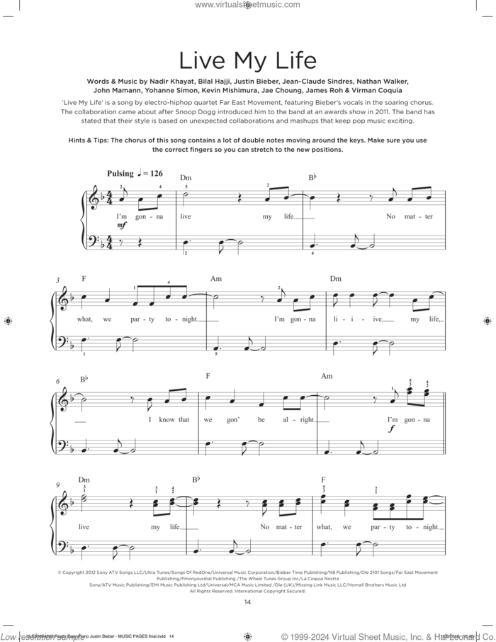 Live My Life sheet music for piano solo by Far East Movement & Justin Bieber and Justin Bieber, beginner skill level