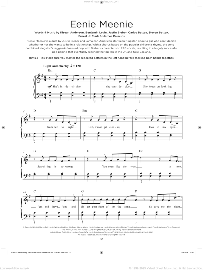 Eenie Meenie, (beginner) sheet music for piano solo by Sean Kingston & Justin Bieber, Benjamin Levin, Carlos Battey, Ernest Clark, Justin Bieber, Kisean Anderson, Marcos Palacios and Steven Battey, beginner skill level