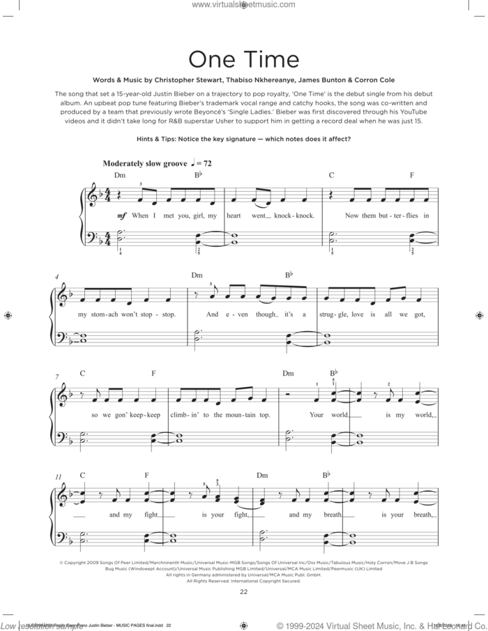 One Time, (beginner) sheet music for piano solo by Justin Bieber, Christopher Stewart, Corron Ty Kee Cole, James Bunton and Thabiso Nkhereanye, beginner skill level
