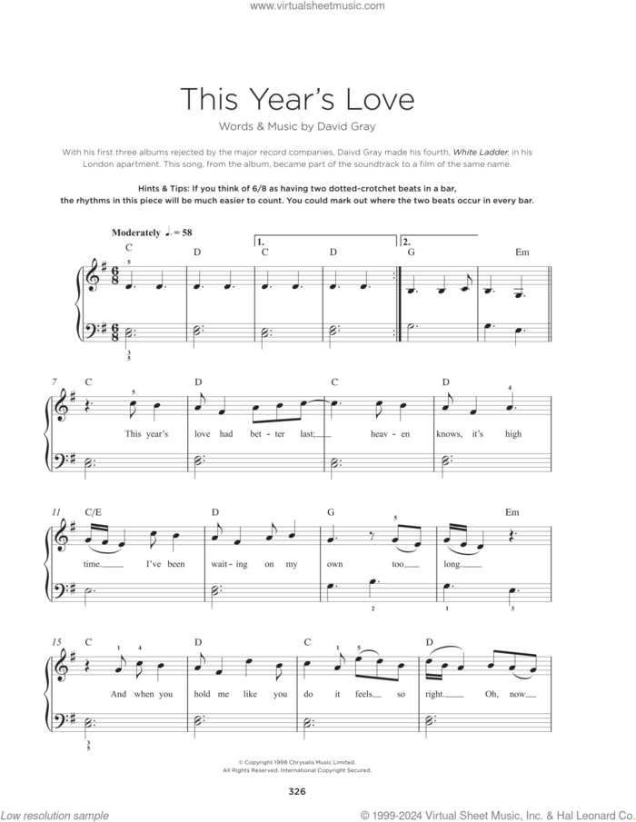 This Year's Love sheet music for piano solo by David Gray, beginner skill level
