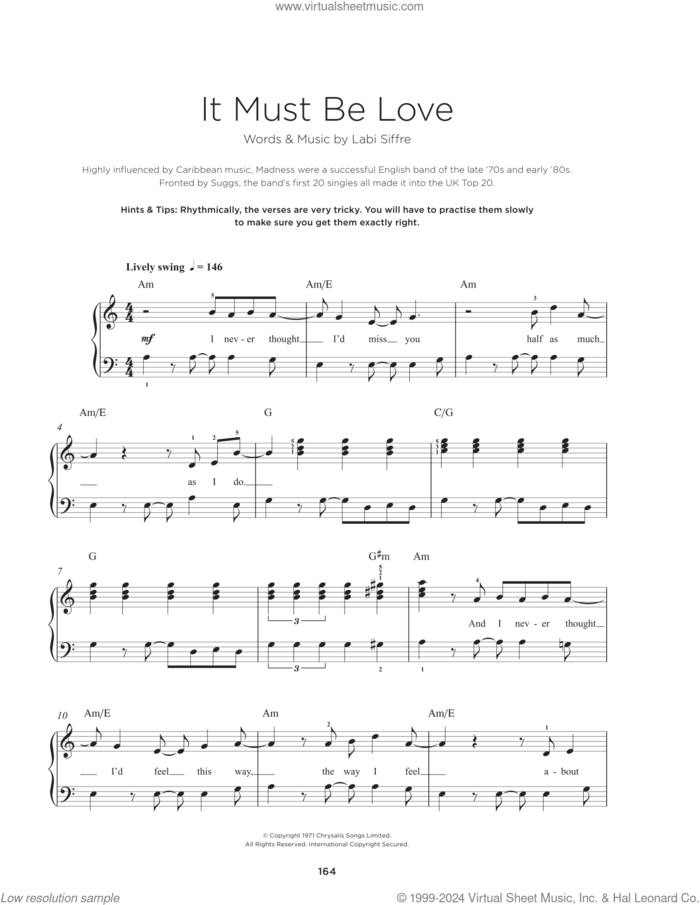 It Must Be Love sheet music for piano solo by Madness and Labi Siffre, beginner skill level