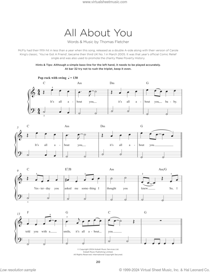 All About You, (beginner) sheet music for piano solo by McFly and Thomas Fletcher, beginner skill level