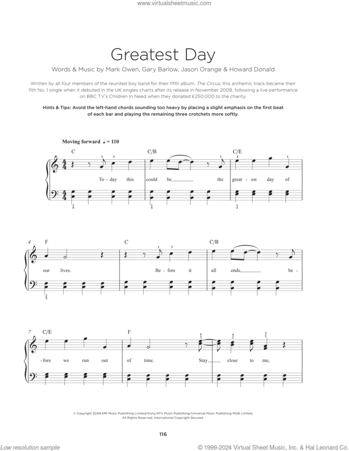 Greatest Day, (beginner) sheet music for piano solo by Take That, Gary Barlow, Jason Orange and Mark Owen, beginner skill level