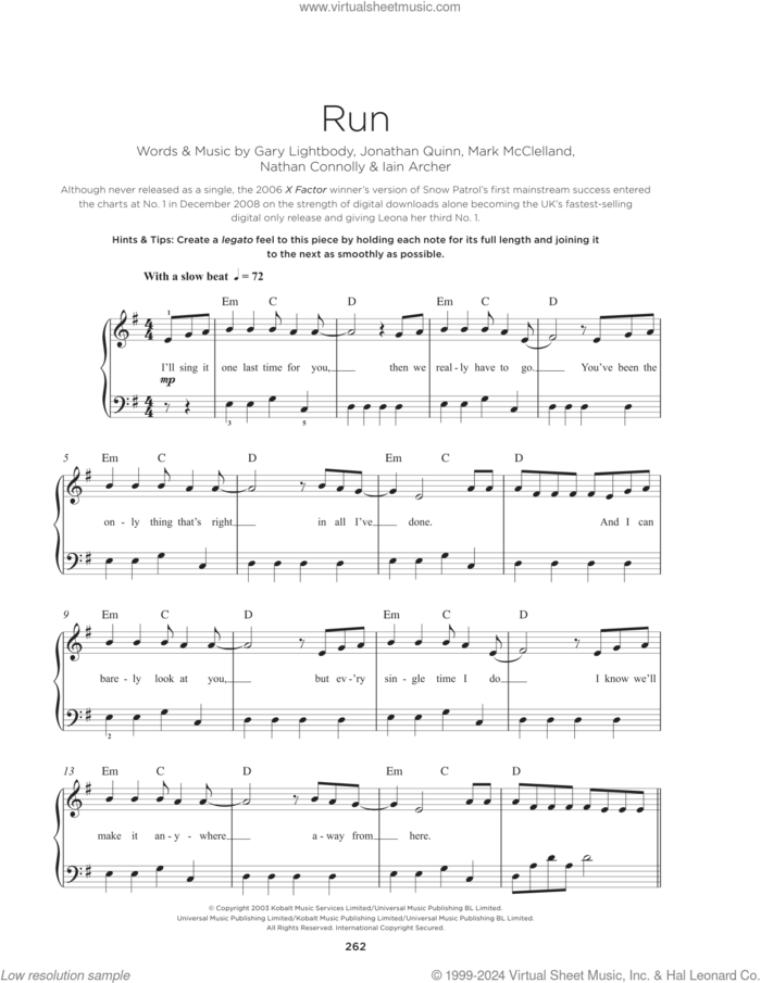 Run, (beginner) sheet music for piano solo by Snow Patrol, Gary Lightbody, Iain Archer, Jonathan Quinn, Mark McClelland and Nathan Connolly, beginner skill level