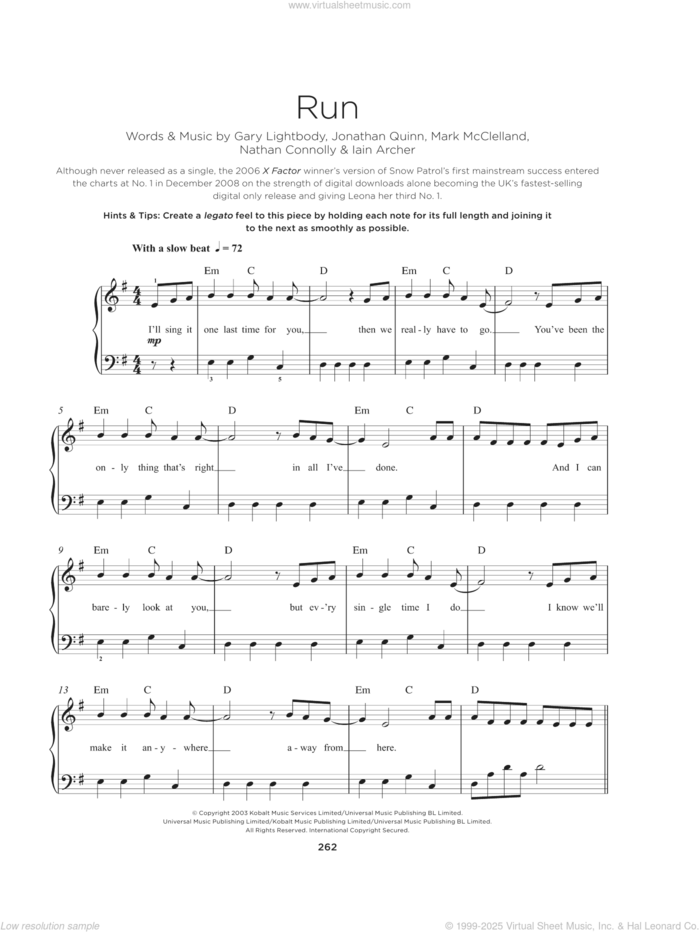 Run sheet music for piano solo by Snow Patrol, Gary Lightbody, Iain Archer, Jonathan Quinn, Mark McClelland and Nathan Connolly, beginner skill level