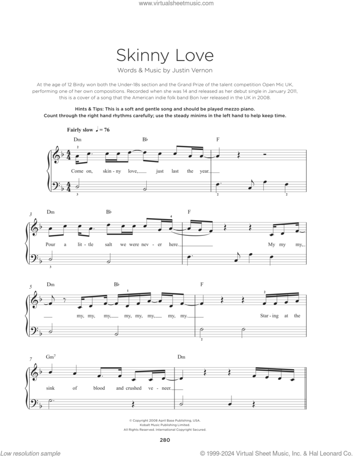 Skinny Love sheet music for piano solo by Bon Iver and Justin Vernon, beginner skill level