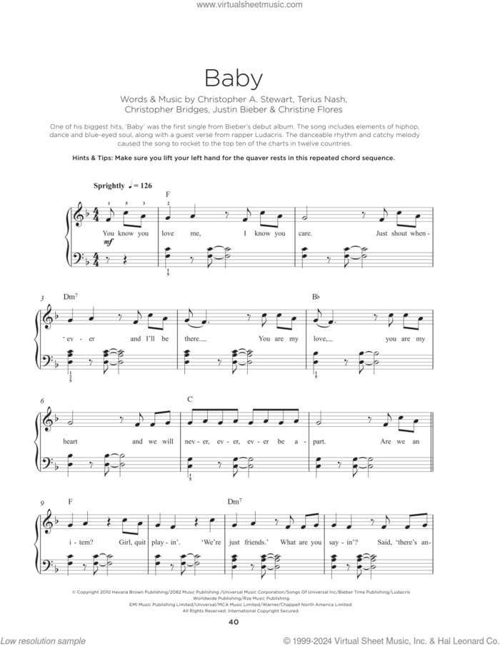 Baby (feat. Ludacris) sheet music for piano solo by Justin Bieber, Christine Flores, Christopher Bridges, Christopher Stewart and Terius Nash, beginner skill level