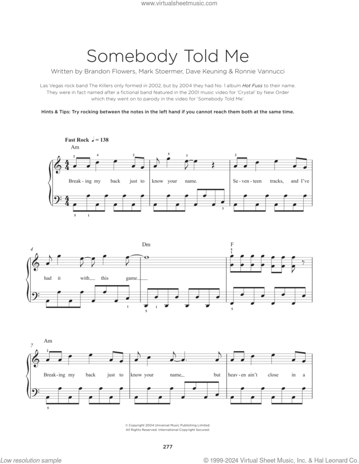 Somebody Told Me, (beginner) sheet music for piano solo by The Killers, Brandon Flowers, Dave Keuning, Mark Stoermer and Ronnie Vannucci, beginner skill level