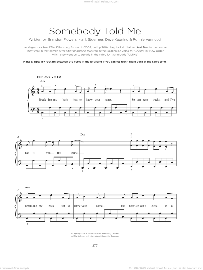 Somebody Told Me sheet music for piano solo by The Killers, Brandon Flowers, Dave Keuning, Mark Stoermer and Ronnie Vannucci, beginner skill level