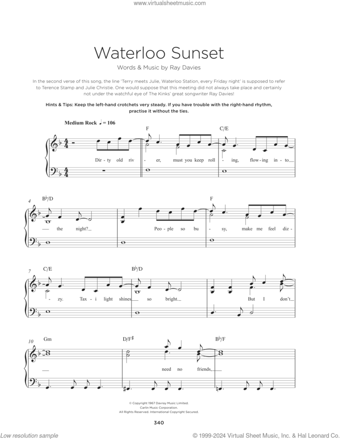 Waterloo Sunset sheet music for piano solo by The Kinks and Ray Davies, beginner skill level