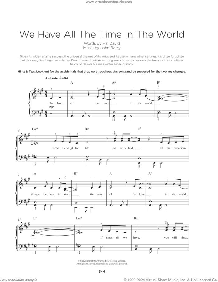 We Have All The Time In The World sheet music for piano solo by Louis Armstrong, Hal David and John Barry, beginner skill level